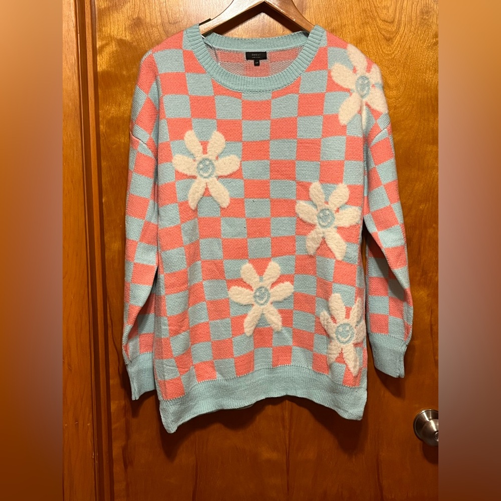 Debut Floral Checkered Sweater - Coral and Sky Blue